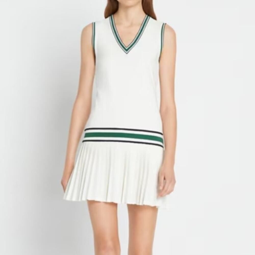 Tory Burch Sport Performance Jersey V-neck Tennis Dress in Snow White Evergreen